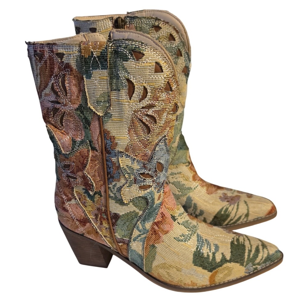 Oasis Society Floral Tapestry Western Boots Pointed Toe Cutout Vegan Leather 10